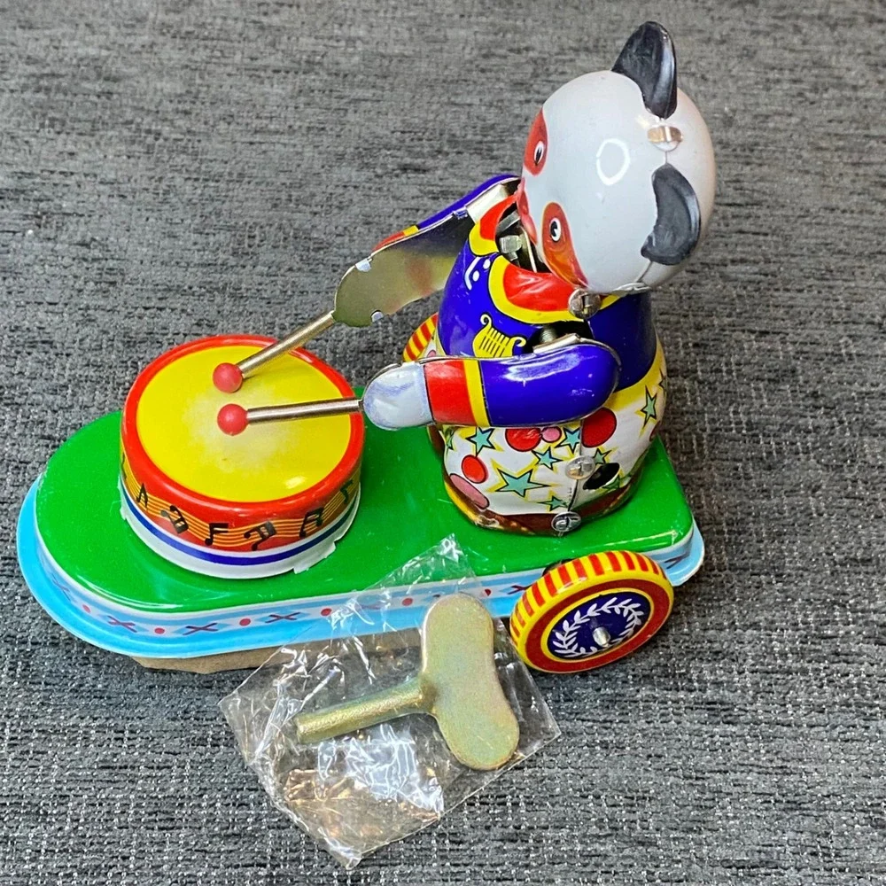 Vintage Tin Toy Panda Drummer Wind Up‎ Toy NIB and key vintage style works